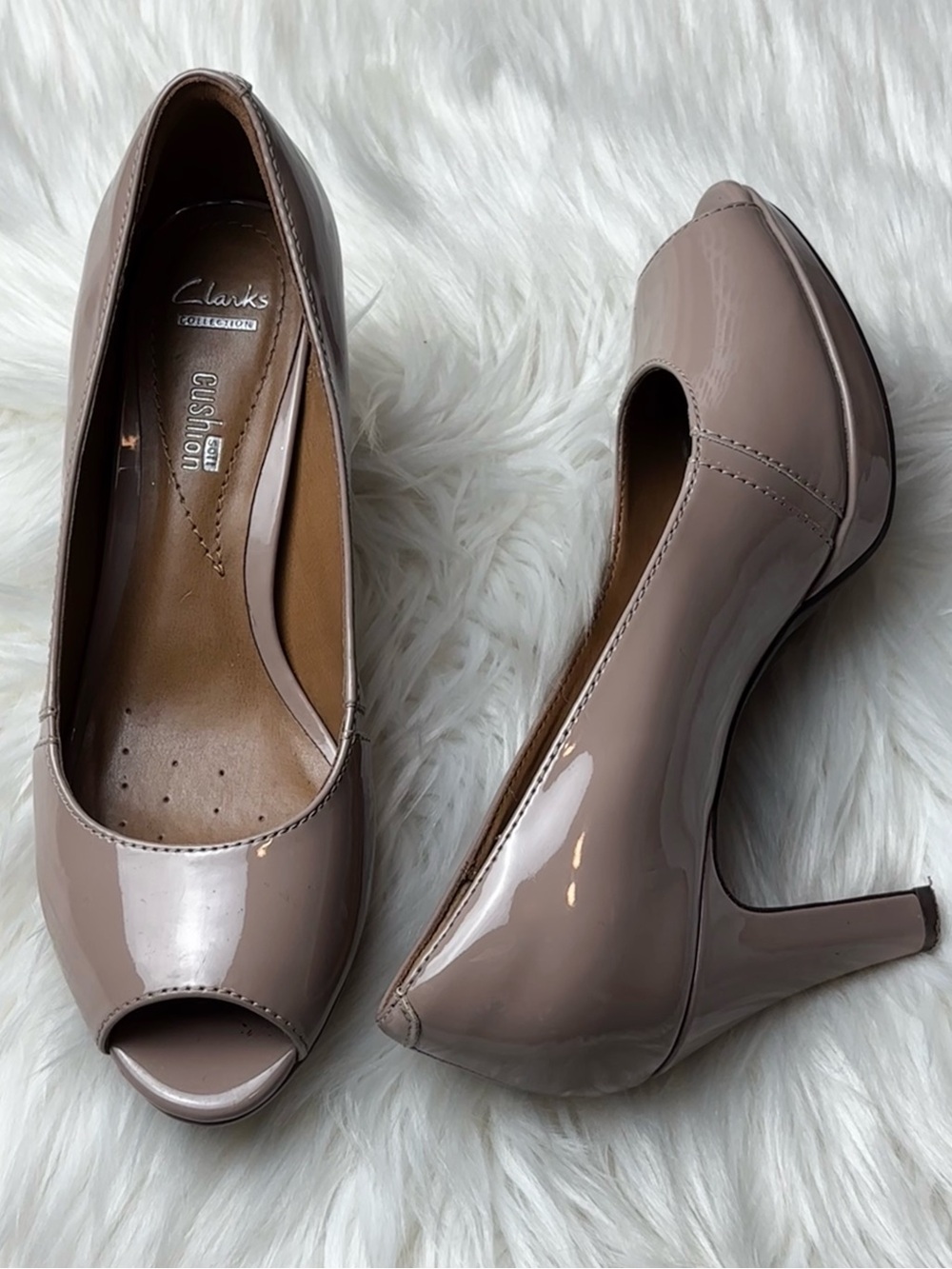 Clark’s Classic Patent Peep-Toe Pumps in Taupe
